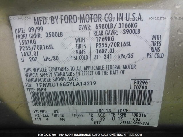 1FMRU1665YLA14219 - 2000 FORD EXPEDITION XLT GOLD photo 9