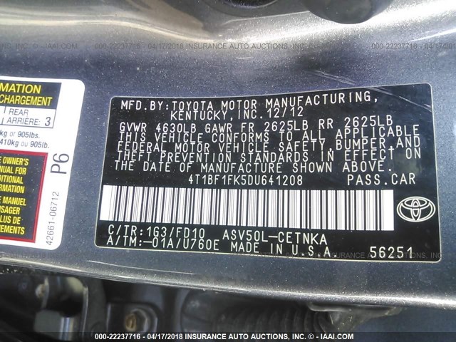4T1BF1FK5DU641208 - 2013 TOYOTA CAMRY L/SE/LE/XLE GRAY photo 9