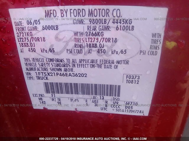 1FTSX21P46EA36202 - 2006 FORD F250 SUPER DUTY RED photo 9