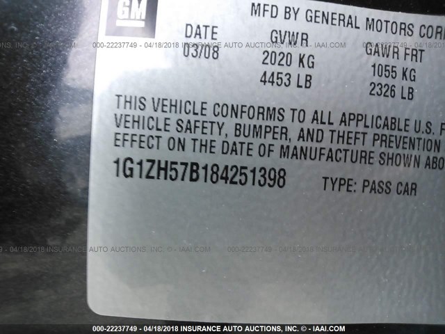 1G1ZH57B184251398 - 2008 CHEVROLET MALIBU 1LT BLACK photo 9