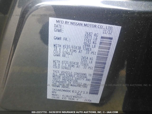 5N1AR2MN0DC612713 - 2013 NISSAN PATHFINDER S/SV/SL/PLATINUM 灰色 照片 9