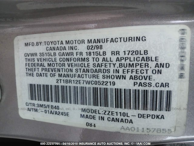 2T1BR12E7WC052219 - 1998 TOYOTA COROLLA VE/CE/LE 香槟色 照片 9