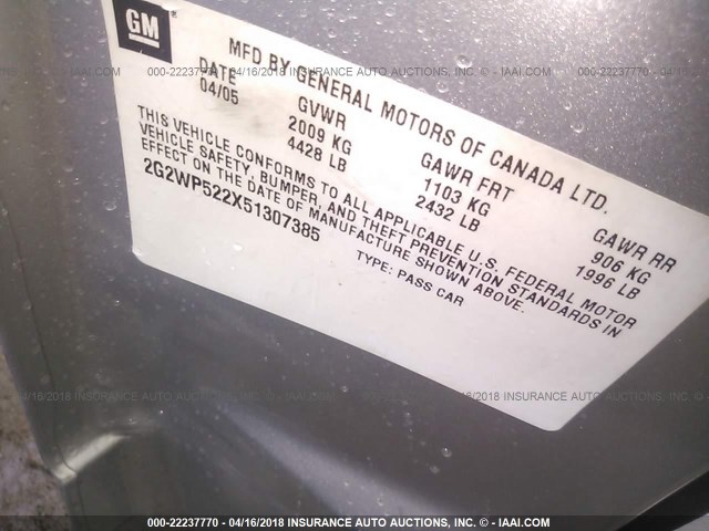 2G2WP522X51307385 - 2005 PONTIAC GRAND PRIX SILVER photo 9