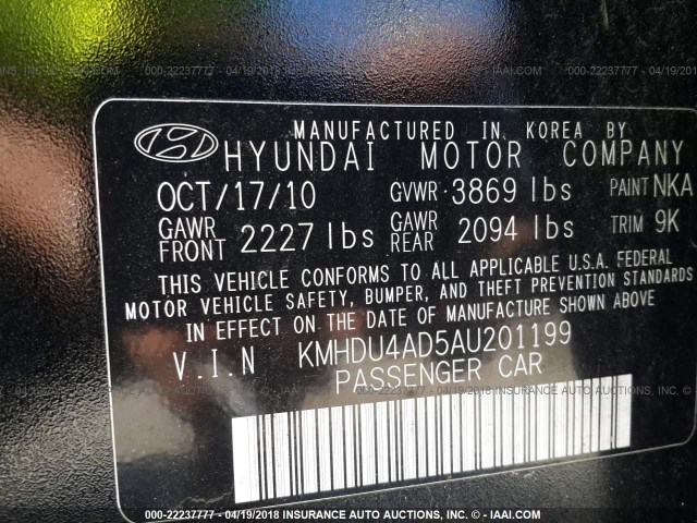 KMHDU4AD5AU201199 - 2010 HYUNDAI ELANTRA BLUE/GLS/SE BLACK photo 9