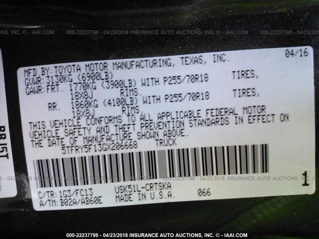 5TFRY5F13GX206668 - 2016 TOYOTA TUNDRA DOUBLE CAB SR/SR5 GRAY photo 9