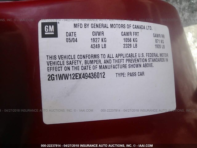 2G1WW12EX49436012 - 2004 CHEVROLET MONTE CARLO LS RED photo 9