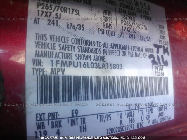 1FMPU16L03LA15803 - 2003 FORD EXPEDITION XLT 红色 照片 9