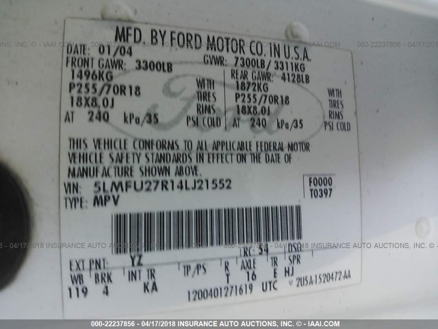 5LMFU27R14LJ21552 - 2004 LINCOLN NAVIGATOR თეთრი ფოტო 9