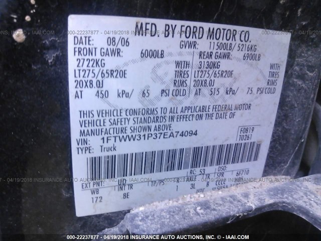 1FTWW31P37EA74094 - 2007 FORD F350 SRW SUPER DUTY BLACK photo 10