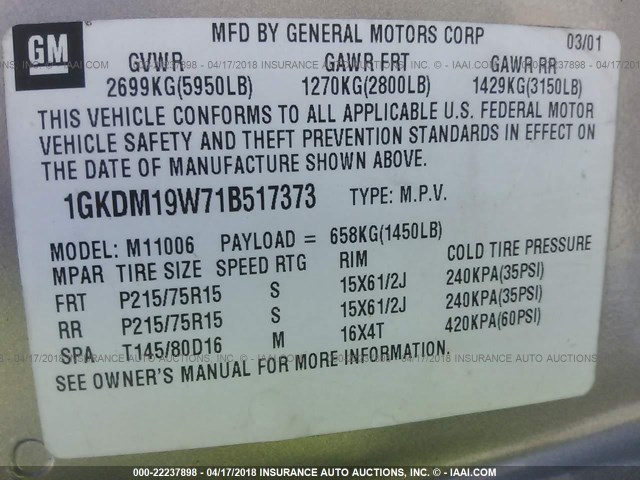 1GKDM19W71B517373 - 2001 GMC SAFARI XT GRAY photo 9