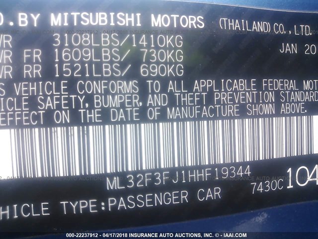ML32F3FJ1HHF19344 - 2017 MITSUBISHI MIRAGE G4 ES ლურჯი ფოტო 9