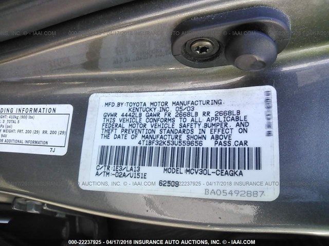 4T1BF32K53U559656 - 2003 TOYOTA CAMRY LE/XLE/SE GRAY photo 9