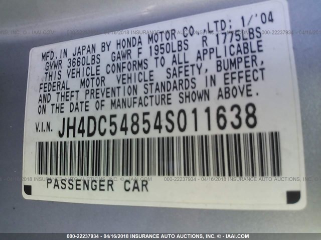 JH4DC54854S011638 - 2004 ACURA RSX SILVER photo 9
