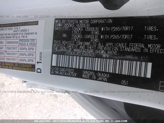 JTEBU5JR2J5483420 - 2018 TOYOTA 4RUNNER SR5 PREM/LTDL/TRAIL/TRD 白色 照片 9