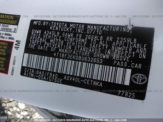 4T1BF3EK0BU632653 - 2011 TOYOTA CAMRY SE/LE/XLE WHITE photo 9