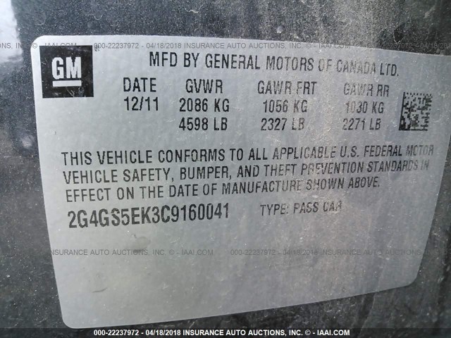 2G4GS5EK3C9160041 - 2012 BUICK REGAL PREMIUM GRAY photo 9