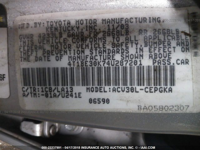 4T1BE30K74U287201 - 2004 TOYOTA CAMRY LE/XLE/SE 银色 照片 9