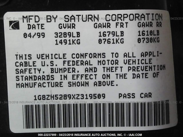 1G8ZH5289XZ319509 - 1999 SATURN SL1 WHITE photo 9