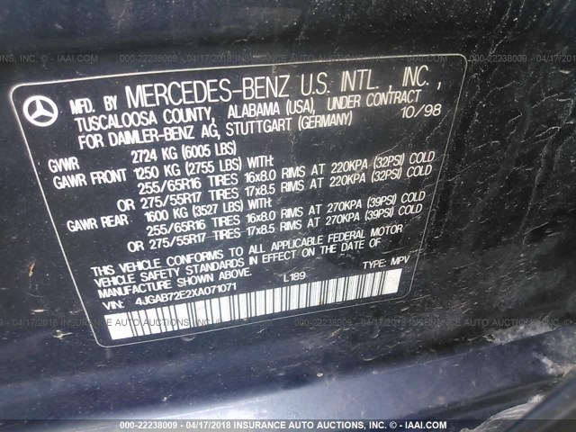 4JGAB72E2XA071071 - 1999 MERCEDES-BENZ ML 430 蓝色 照片 9