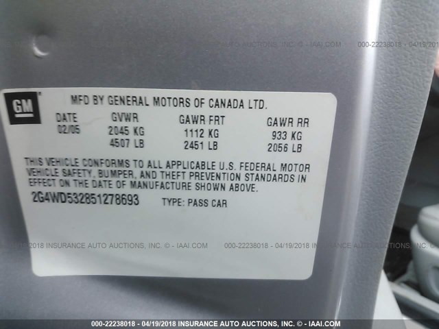 2G4WD532851278693 - 2005 BUICK LACROSSE CXL SILVER photo 9