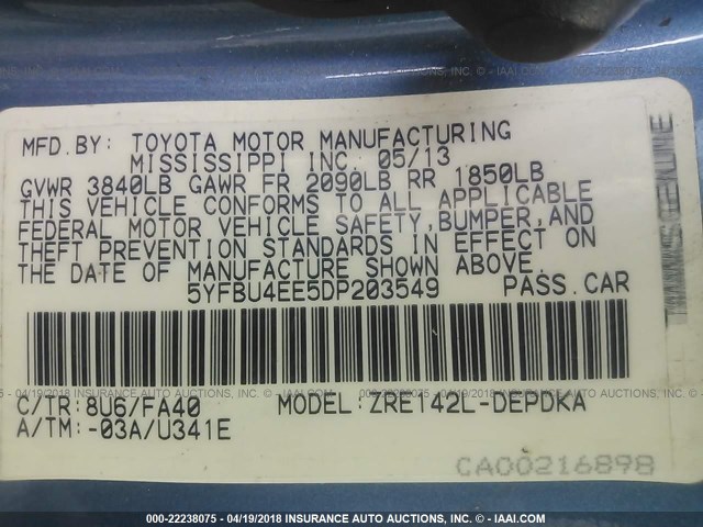 5YFBU4EE5DP203549 - 2013 TOYOTA COROLLA S/LE BLUE photo 9