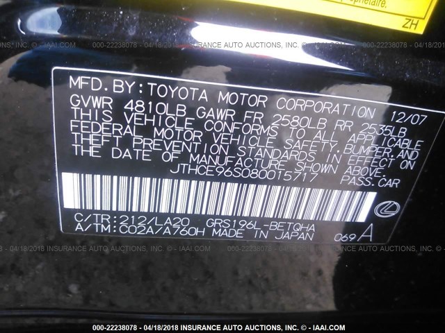 JTHCE96S080015717 - 2008 LEXUS GS 350 BLACK photo 9