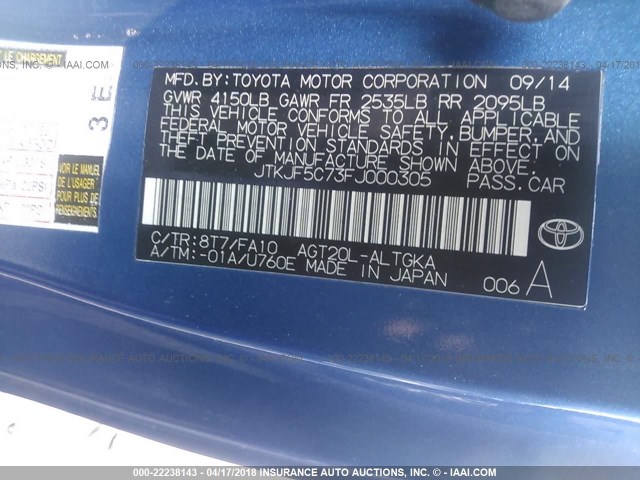 JTKJF5C73FJ000305 - 2015 TOYOTA SCION TC 蓝色 照片 9