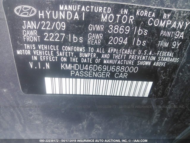 KMHDU46D69U688000 - 2009 HYUNDAI ELANTRA GLS/SE GRAY photo 9