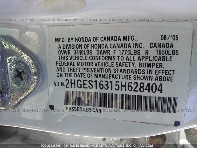 2HGES16315H628404 - 2005 HONDA CIVIC DX VP WHITE photo 9