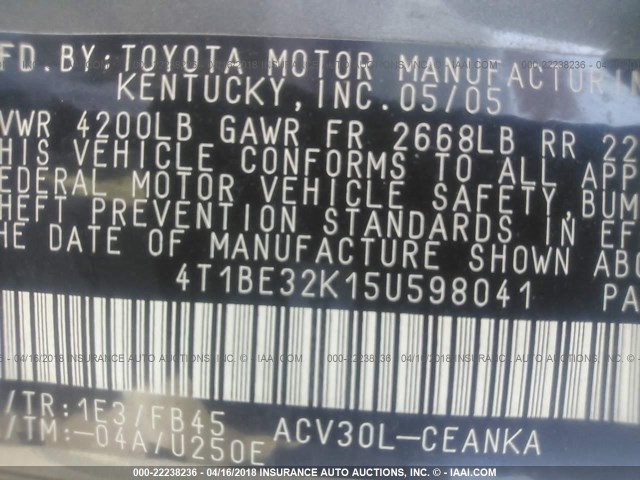 4T1BE32K15U598041 - 2005 TOYOTA CAMRY LE/XLE/SE GRAY photo 9