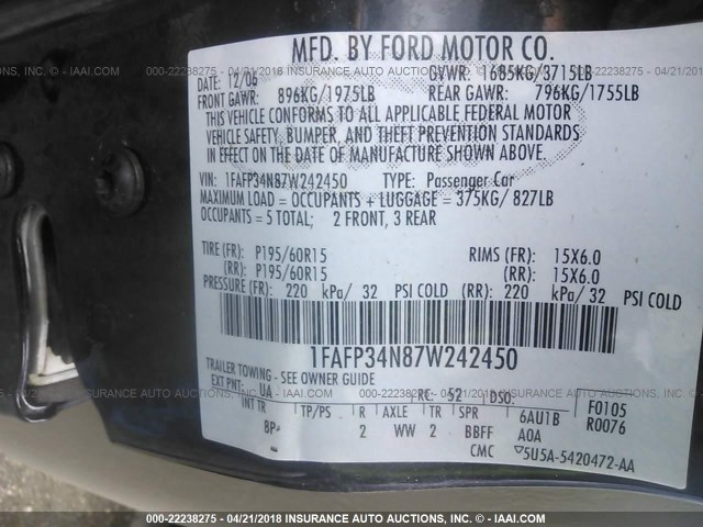 1FAFP34N87W242450 - 2007 FORD FOCUS ZX4/S/SE/SES BLACK photo 9