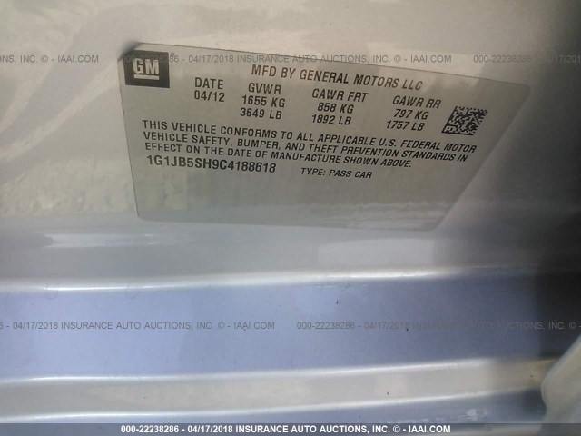 1G1JB5SH9C4188618 - 2012 CHEVROLET SONIC LS 银色 照片 9