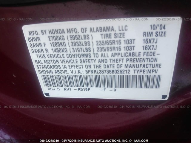 5FNRL38735B025212 - 2005 HONDA ODYSSEY EXL RED photo 9