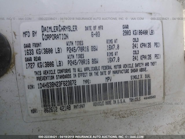 1D4HS38N23F623672 - 2003 DODGE DURANGO SPORT WHITE photo 9