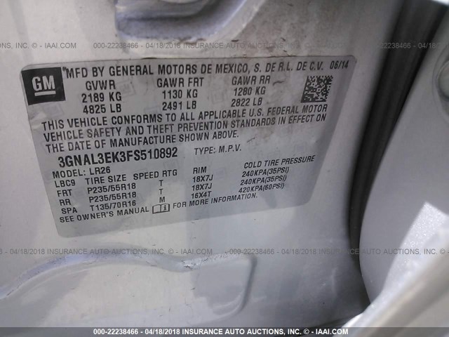 3GNAL3EK3FS510892 - 2015 CHEVROLET CAPTIVA LT SILVER photo 9