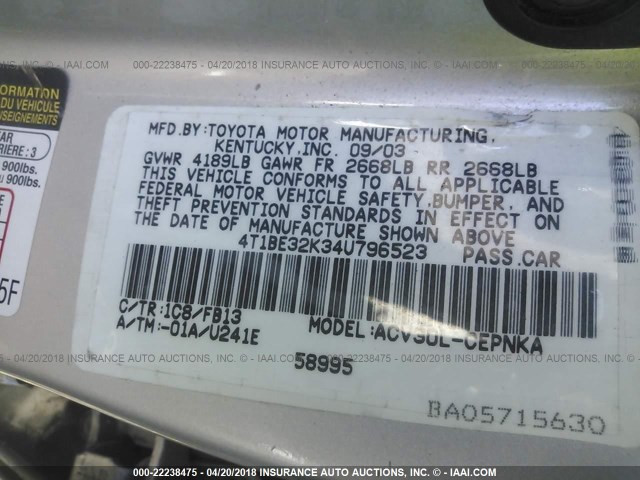 4T1BE32K34U796523 - 2004 TOYOTA CAMRY LE/XLE/SE SILVER photo 9