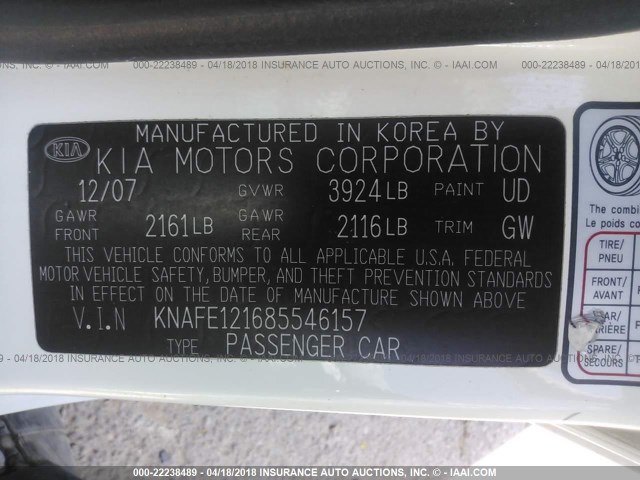 KNAFE121685546157 - 2008 KIA SPECTRA EX/LX/SX WHITE photo 9