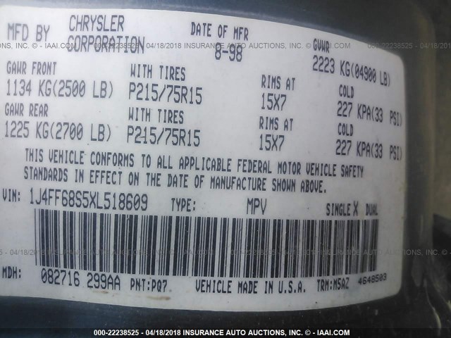 1J4FF68S5XL518609 - 1999 JEEP CHEROKEE SPORT/CLASSIC ლურჯი ფოტო 9