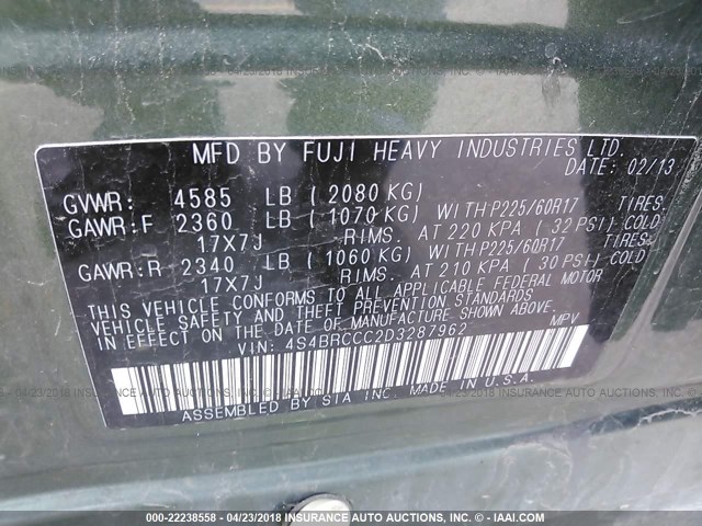 4S4BRCCC2D3287962 - 2013 SUBARU OUTBACK 2.5I PREMIUM 绿色 照片 9