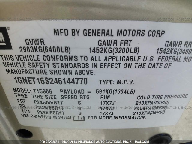 1GNET16S246144770 - 2004 CHEVROLET TRAILBLAZER EXT LS/EXT LT GOLD photo 9