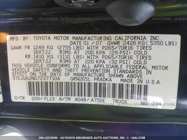 5TEJU62N07Z377104 - 2007 TOYOTA TACOMA DOUBLE CAB PRERUNNER BLACK photo 9
