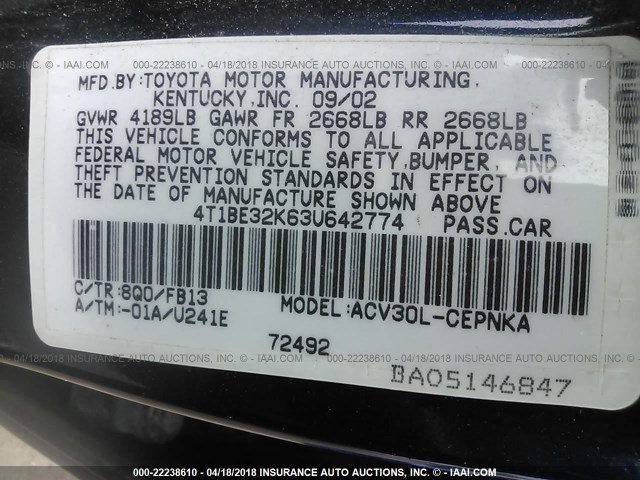 4T1BE32K63U642774 - 2003 TOYOTA CAMRY LE/XLE/SE ლურჯი ფოტო 9