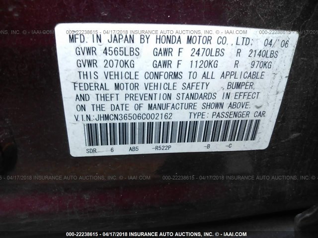 JHMCN36506C002162 - 2006 HONDA ACCORD HYBRID RED photo 9