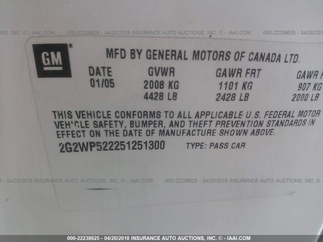 2G2WP522251251300 - 2005 PONTIAC GRAND PRIX WHITE photo 9