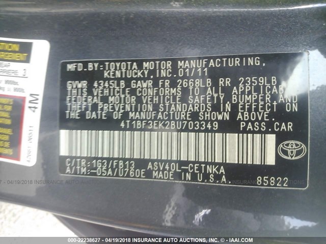 4T1BF3EK2BU703349 - 2011 TOYOTA CAMRY SE/LE/XLE GRAY photo 9