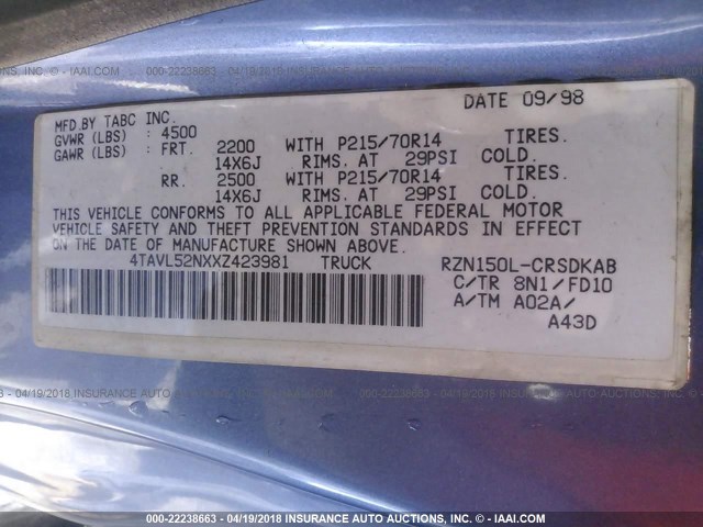 4TAVL52NXXZ423981 - 1999 TOYOTA TACOMA XTRACAB BLUE photo 9