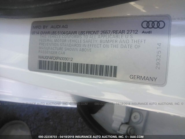 WAUGFAFCXFN009012 - 2015 AUDI A6 PREMIUM PLUS WHITE photo 9