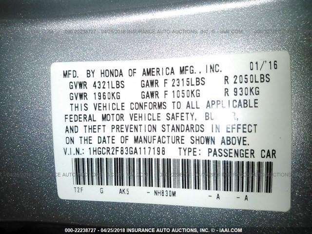 1HGCR2F83GA117198 - 2016 HONDA ACCORD EXL SILVER photo 9