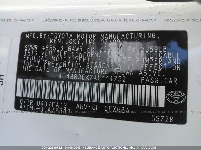 4T1BB3EK7AU114792 - 2010 TOYOTA CAMRY HYBRID WHITE photo 9