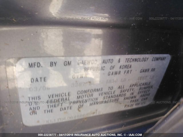 KL1TD66646B669912 - 2006 CHEVROLET AVEO LS GRAY photo 9